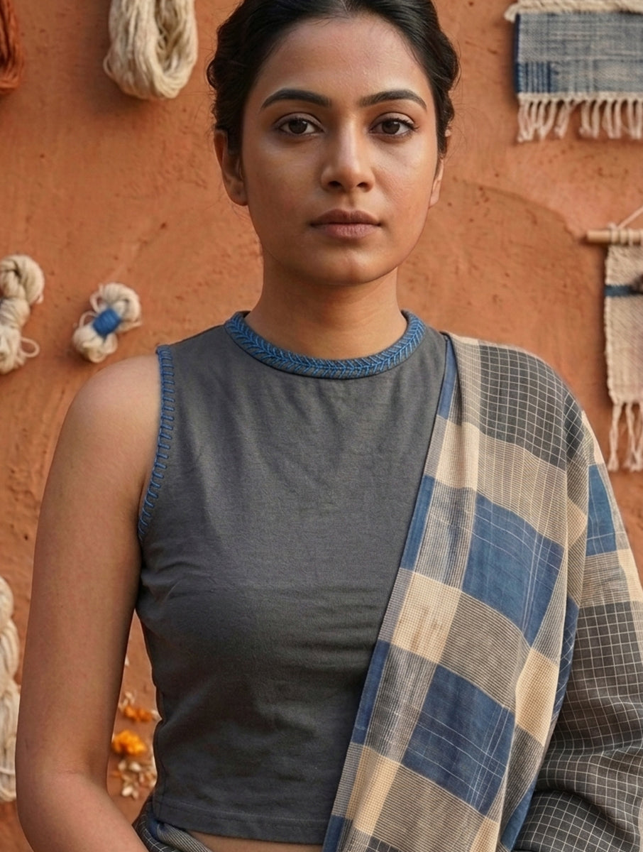 Grey Hand Embroidered Lazy Daisy and Blanket Stitch High Neck Stretchable Blouse/Crop Top