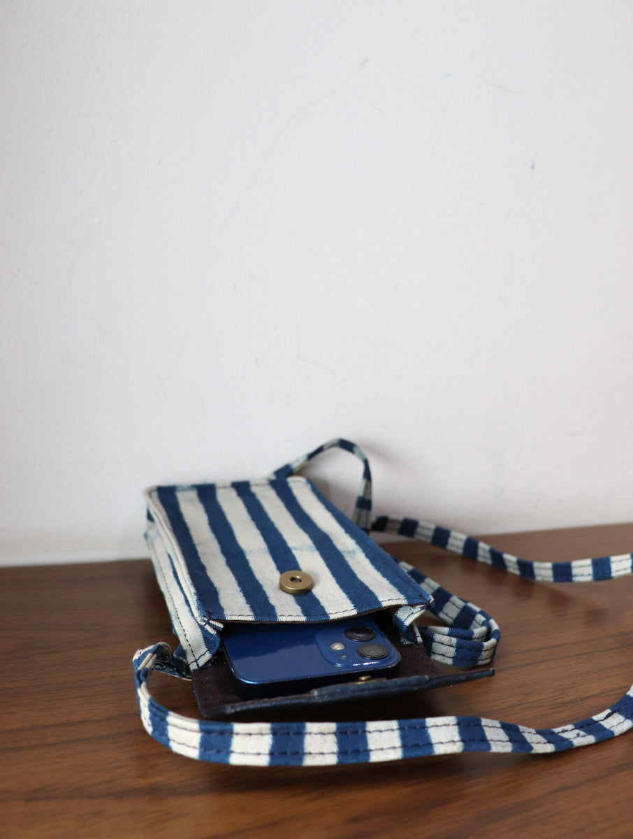 Indigo Striped Dabu Printed and Vegan Leather Cork Phone Sling Bag