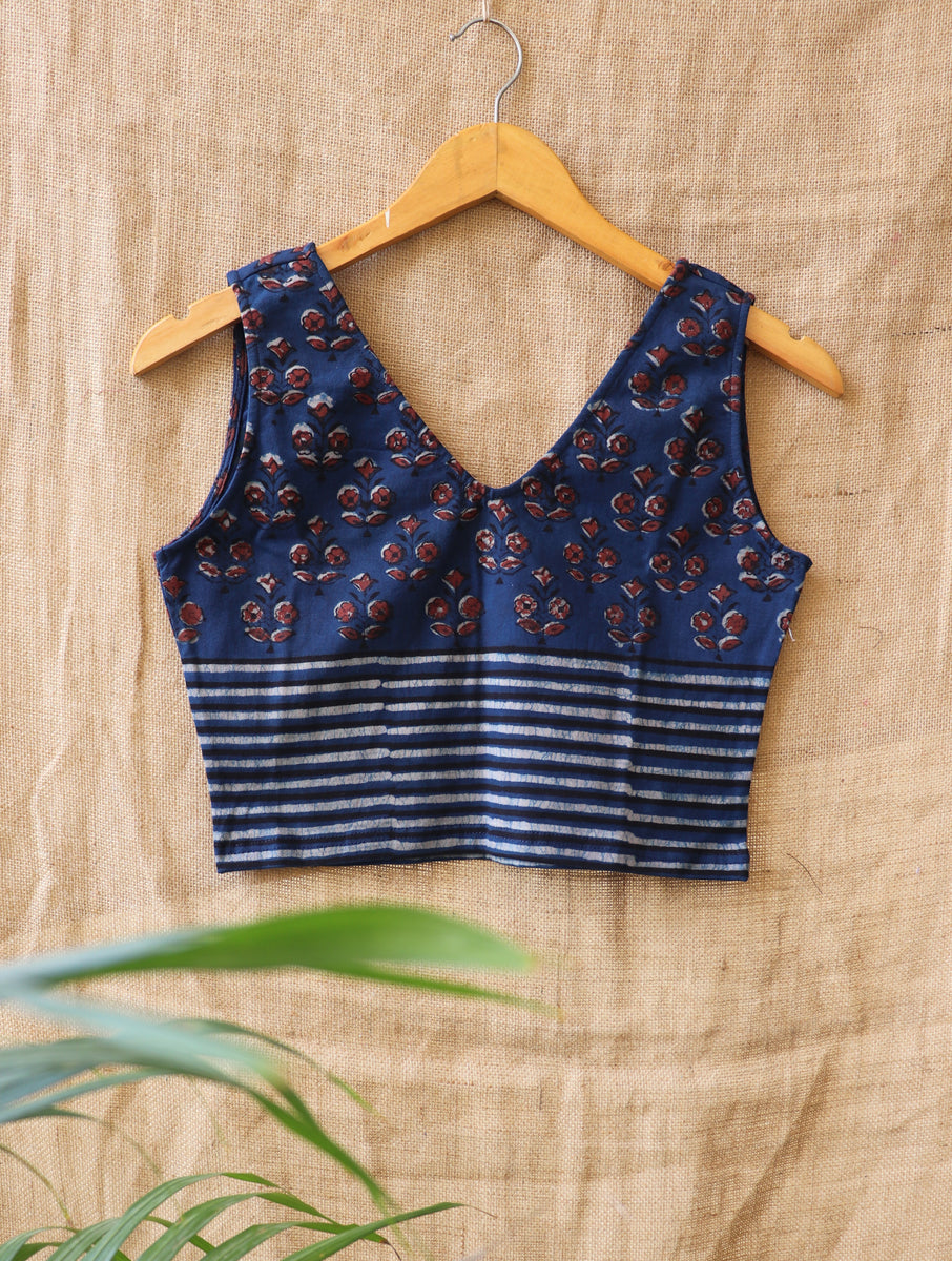 Indigo Boota Lined Dabu Printed Stretchable Blouse/Crop Top