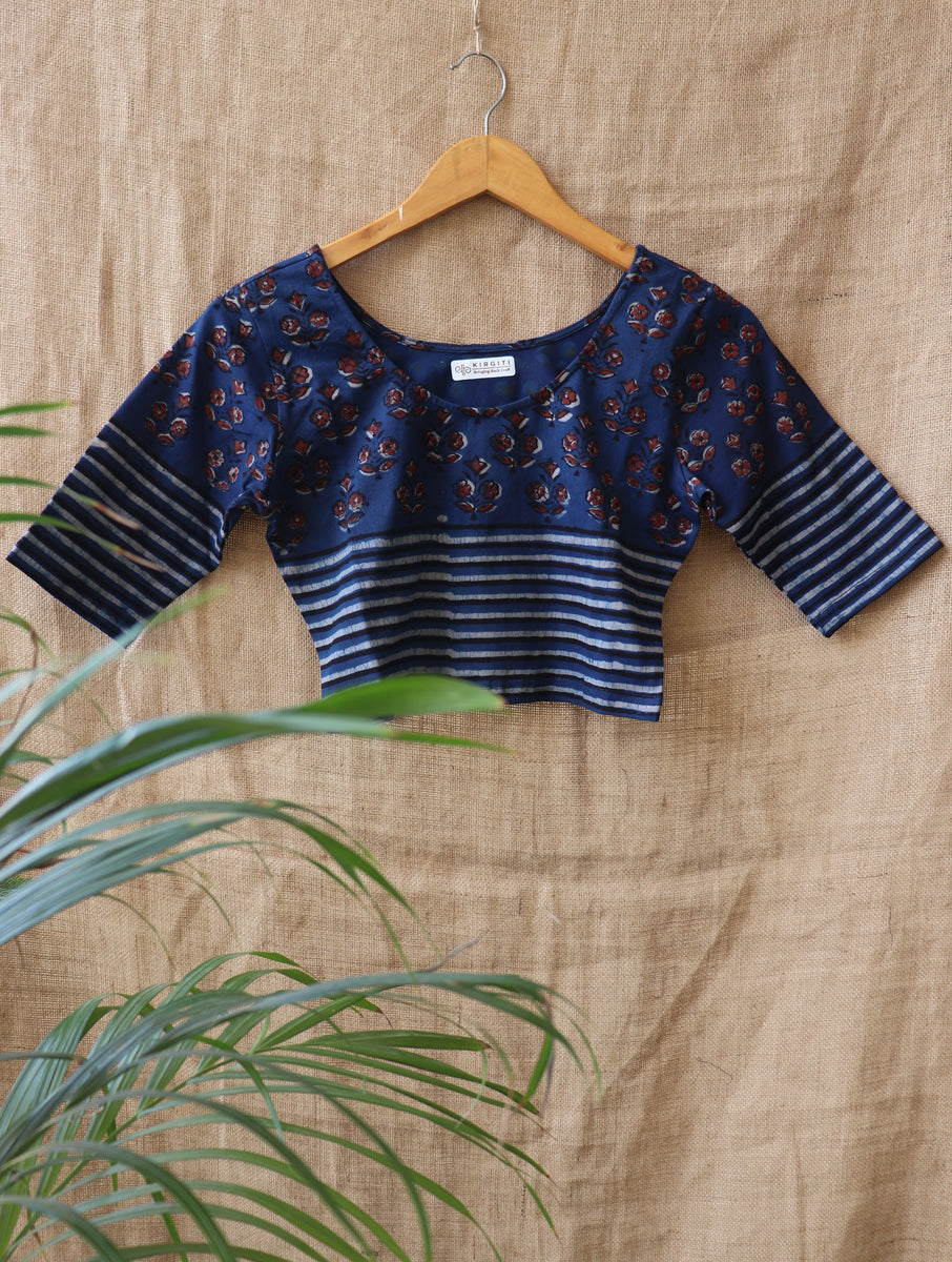 Indigo Boota Lined Dabu Printed Stretchable Blouse/Crop Top