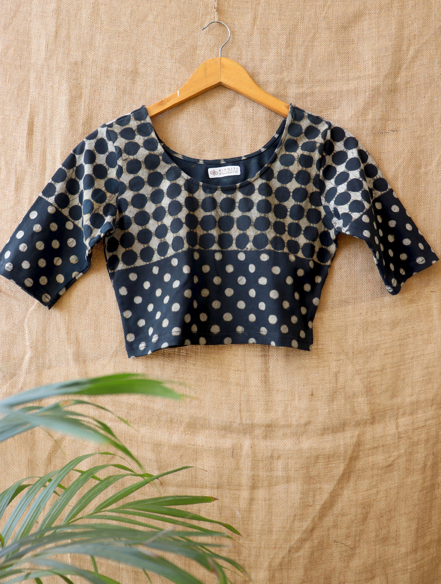 Black Polka Dotted Dabu Printed Stretchable Blouse/Crop Top