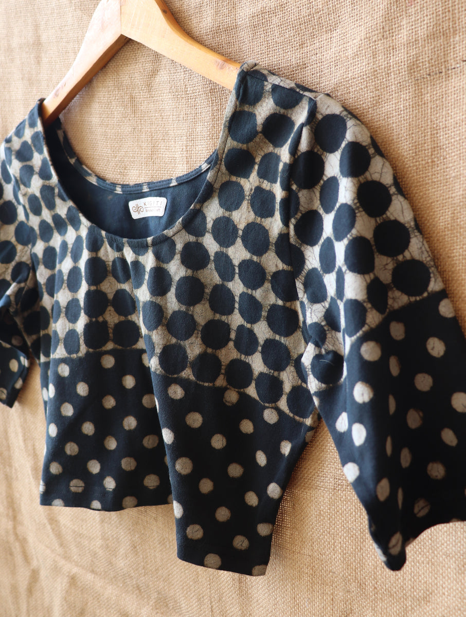 Black Polka Dotted Dabu Printed Stretchable Blouse/Crop Top
