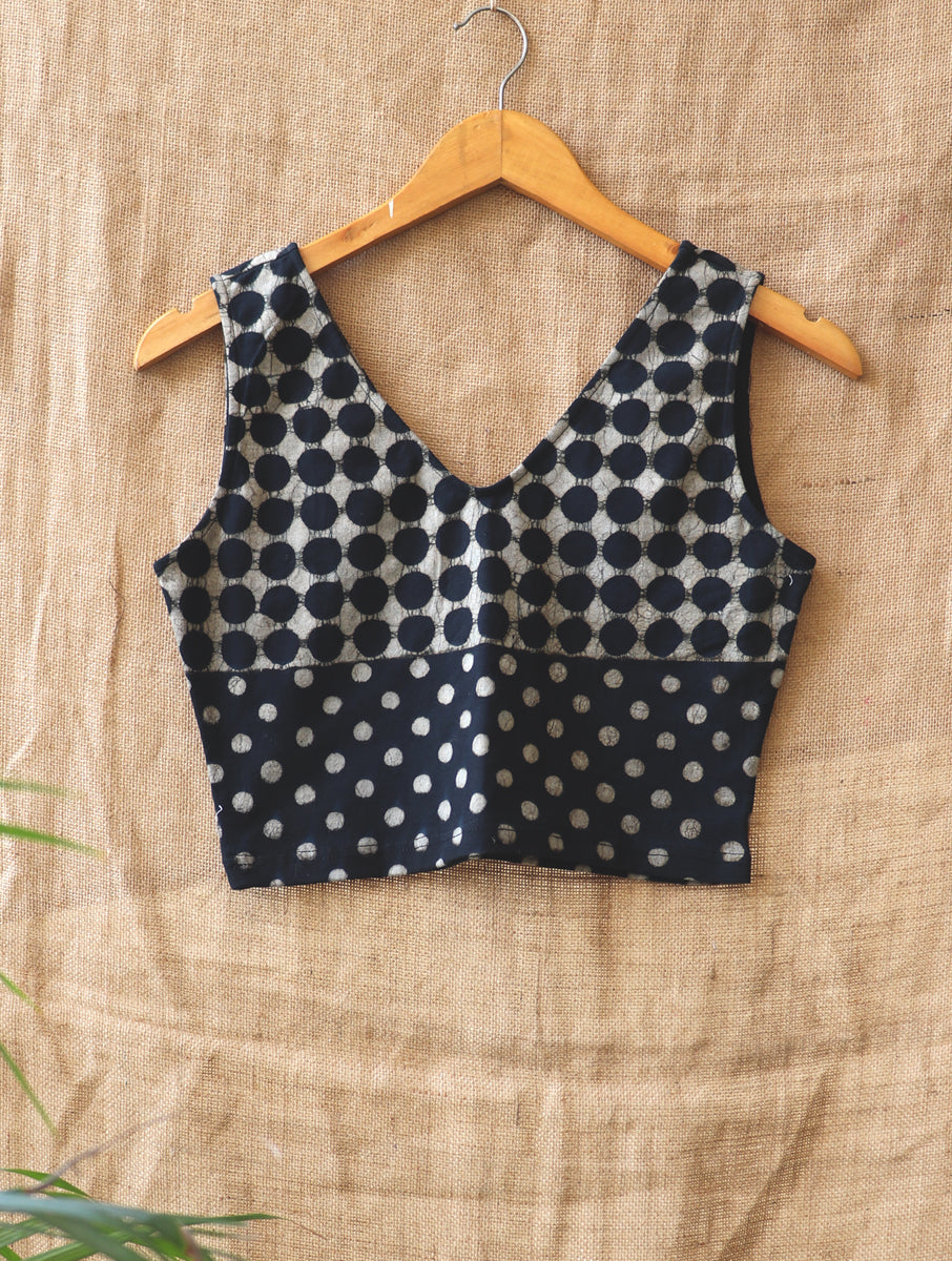 Black Polka Dotted Dabu Printed Stretchable Blouse/Crop Top