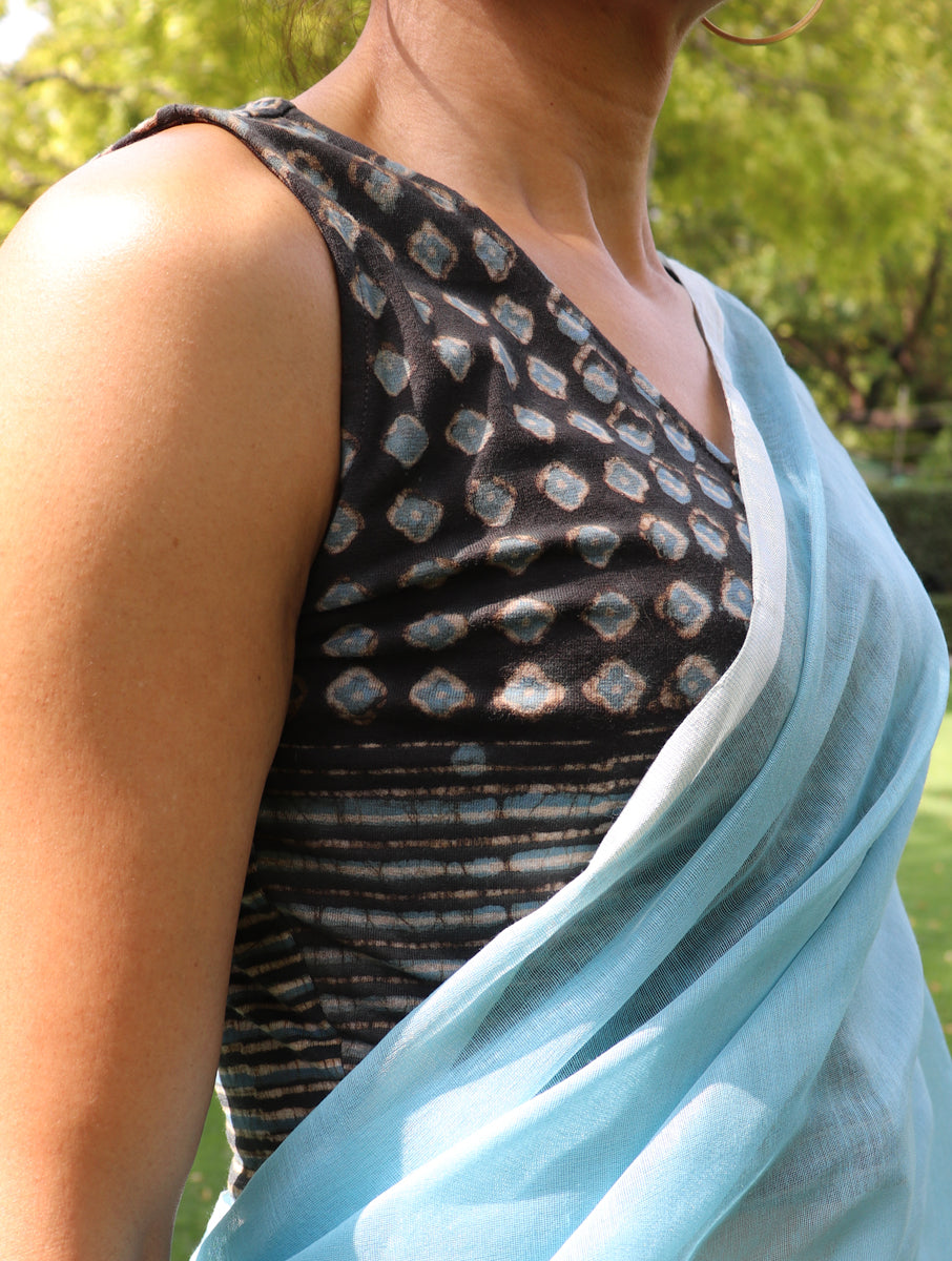 Grey Blue Boota Dabu Printed Stretchable Blouse/Crop Top