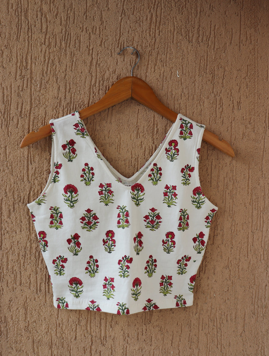 White Guldasta Sanganeri Sleeveless Stretchable Blouse/Crop Top
