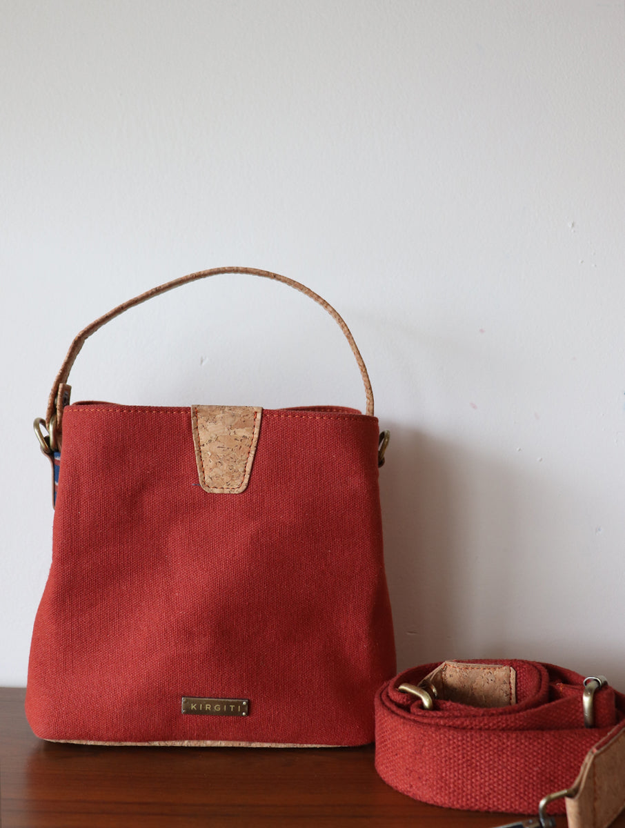 Rust Dabu Printed and Vegan Leather Cork Sling Bag cum Handle
