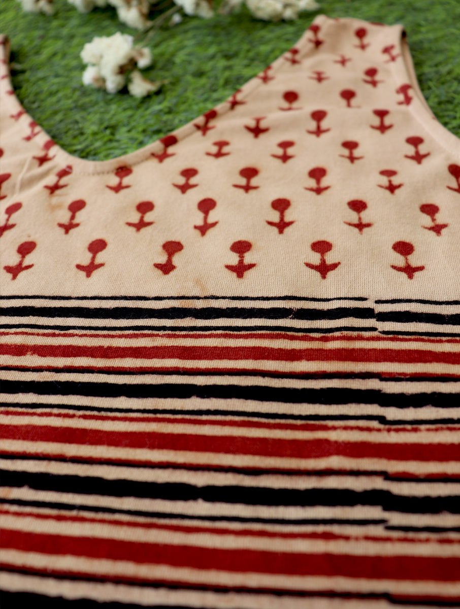 Beige Maroon Dabu Printed Stretchable Blouse/Crop Top