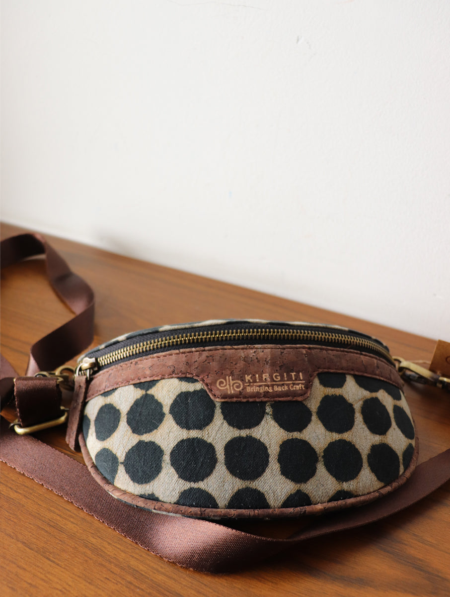 Black Polka Dot Dabu Printed And Vegan Leather Cross Body Cum Waist Bag