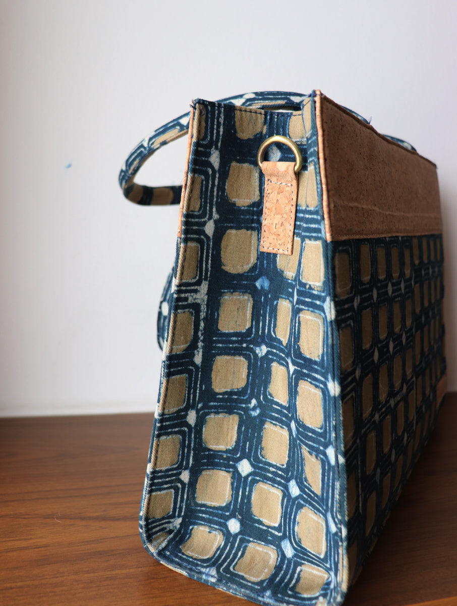 Multi Box Dabu Printed And Vegan Leather Cork Sling Cum Tote Bag