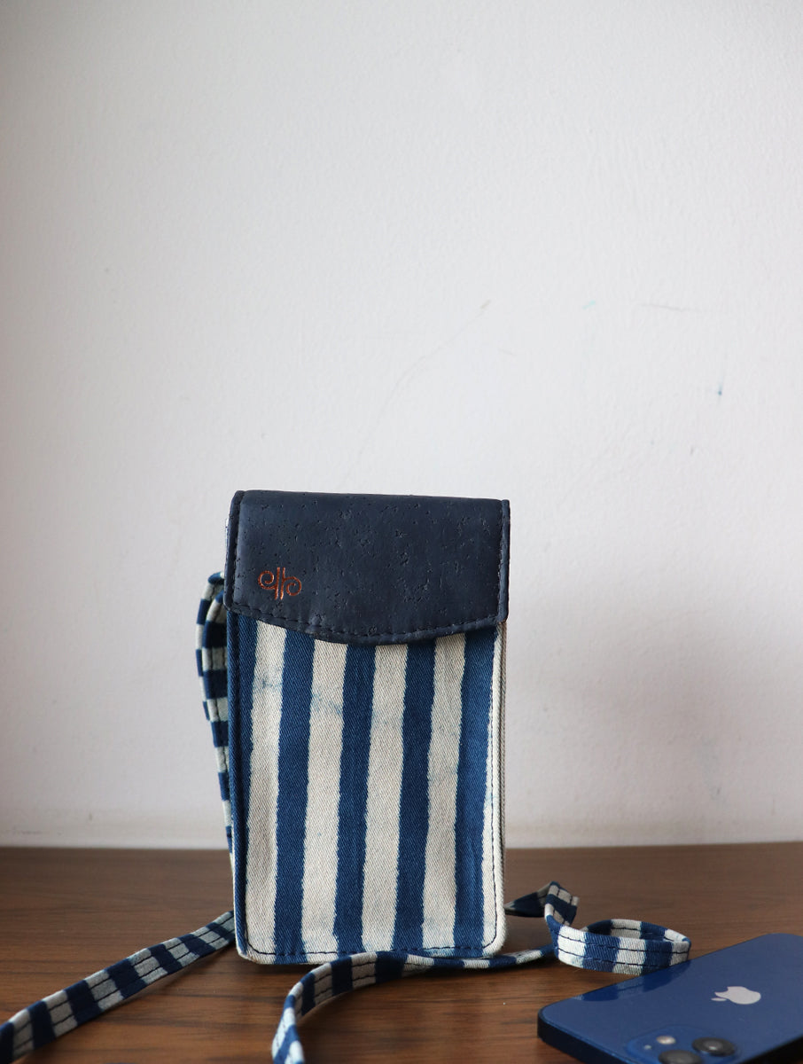 Indigo Striped Dabu Printed and Vegan Leather Cork Phone Sling Bag