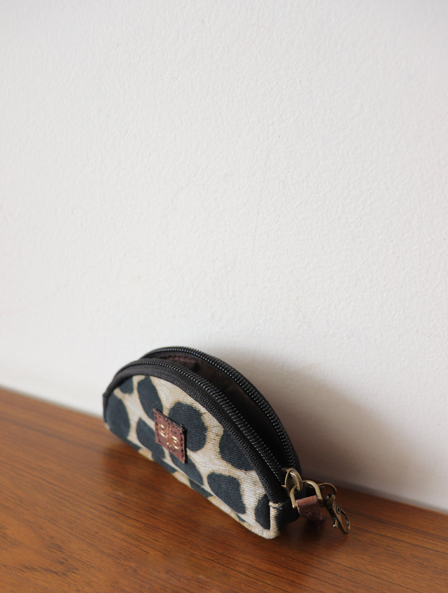 Black Dabu Print And Plant Leather Coin/Key Pouch
