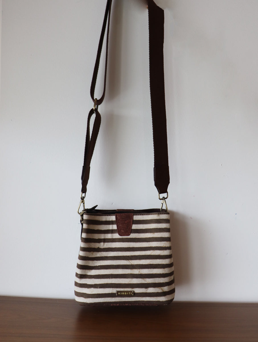 Brown Striped Dabu Printed and Vegan Leather Cork Sling Bag with Handle