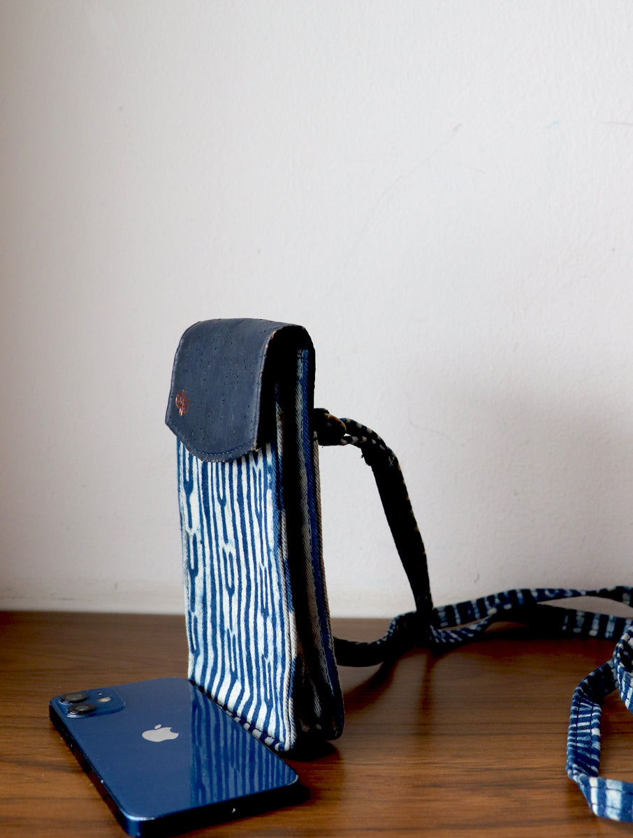 Indigo Fork Dabu Printed and Vegan Leather Cork Sling Bag