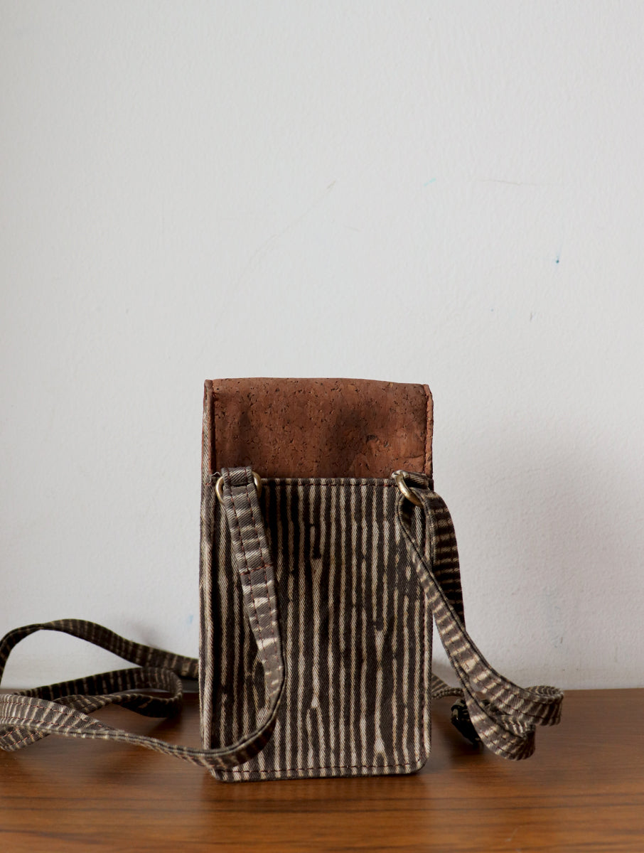 Brown Striped Dabu Printed and Vegan Leather Cork Phone Sling Bag