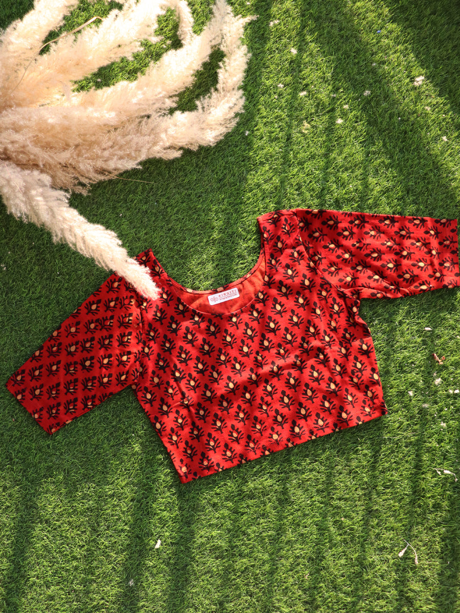 Brick Red Boota Dabu Printed Stretchable Blouse/Crop Top