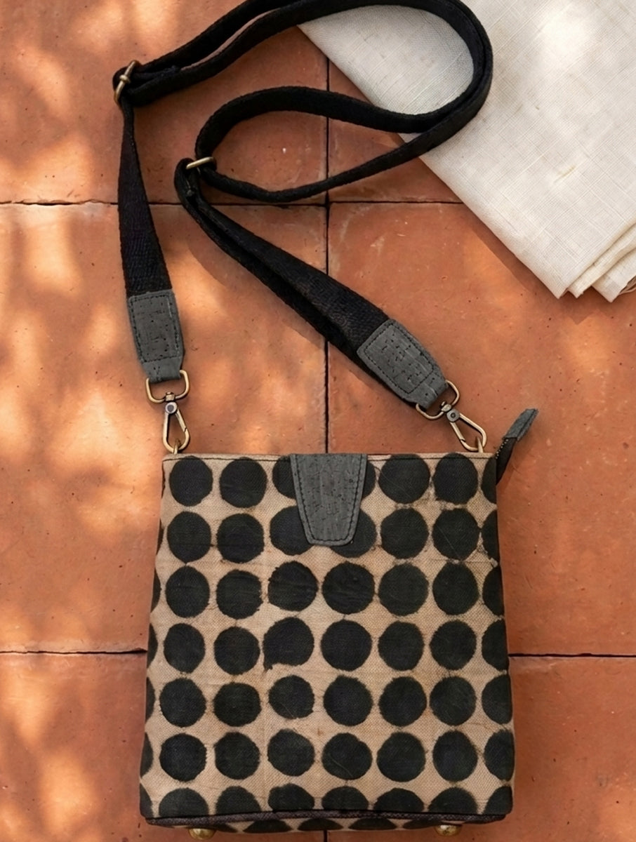 Black Polka Dabu Printed and Vegan Leather Cork Sling Bag with Handle