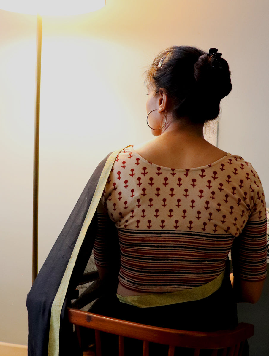 Beige Maroon Dabu Printed Stretchable Blouse/Crop Top