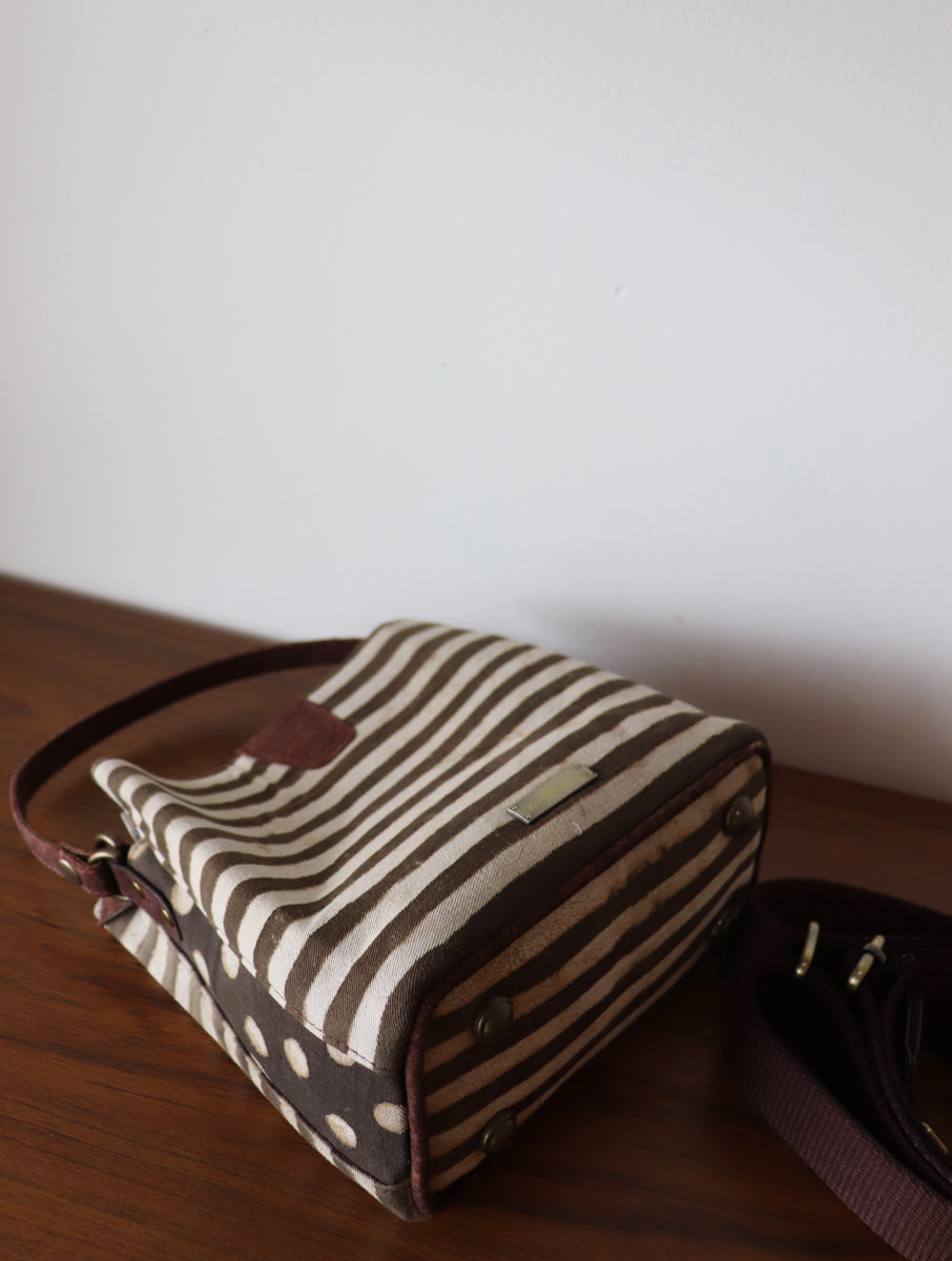 Brown Striped Dabu Printed and Vegan Leather Cork Sling Bag with Handle