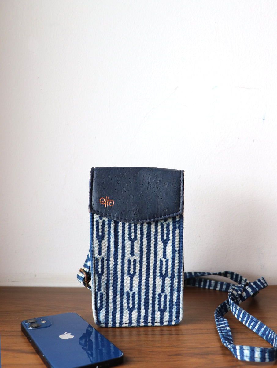 Indigo Fork Dabu Printed and Vegan Leather Cork Sling Bag