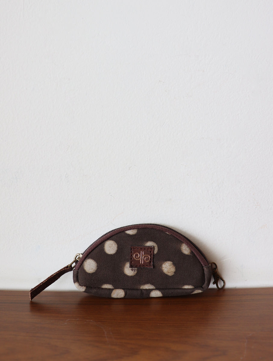 Brown Dotted Dabu Printed and Vegan Leather Coin/Key Pouch