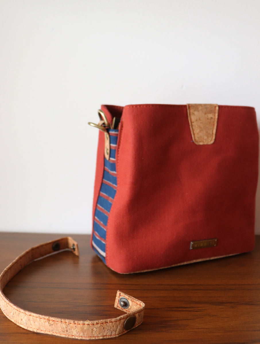 Orange Dabu Printed and Vegan Leather Cork Sling Bag cum Handle