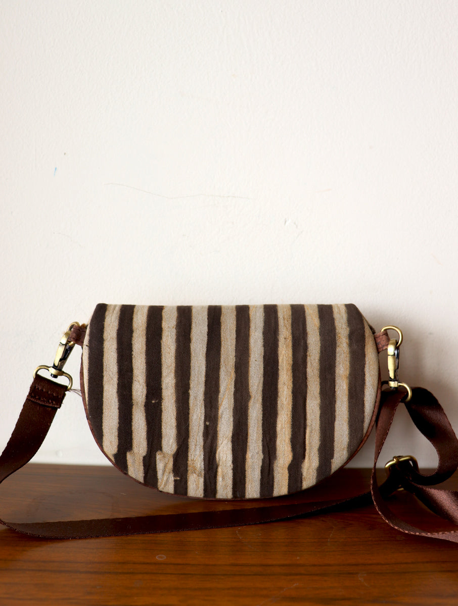 Brown Striped Dabu Printed And Vegan Leather Cross Body Cum Waist Bag
