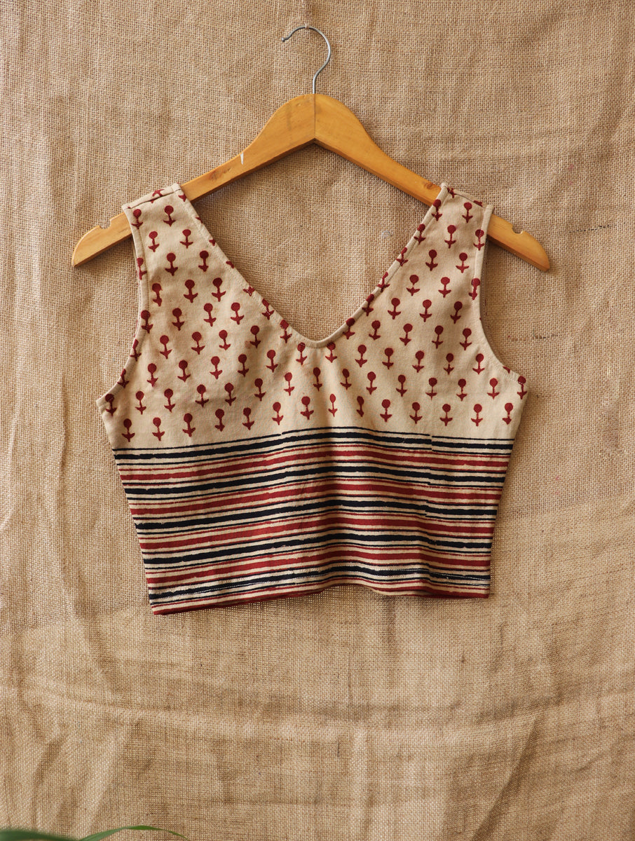 Beige Maroon Dabu Printed Stretchable Blouse/Crop Top
