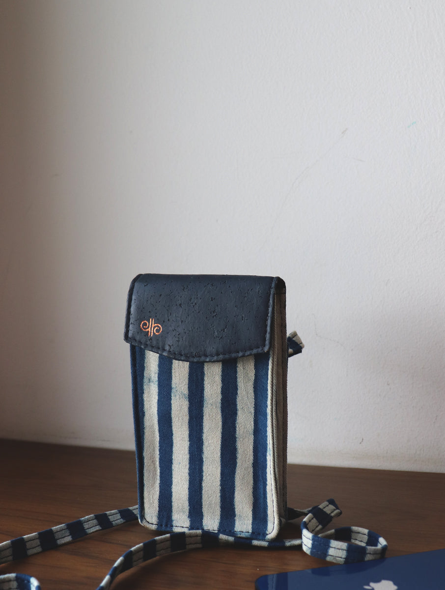 Indigo Striped Dabu Printed and Vegan Leather Cork Phone Sling Bag