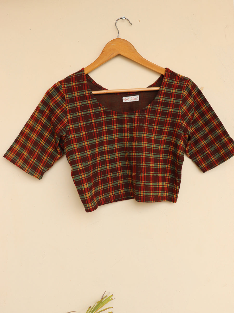 Maroon Checks Dabu Printed Stretchable Blouse/Crop Top
