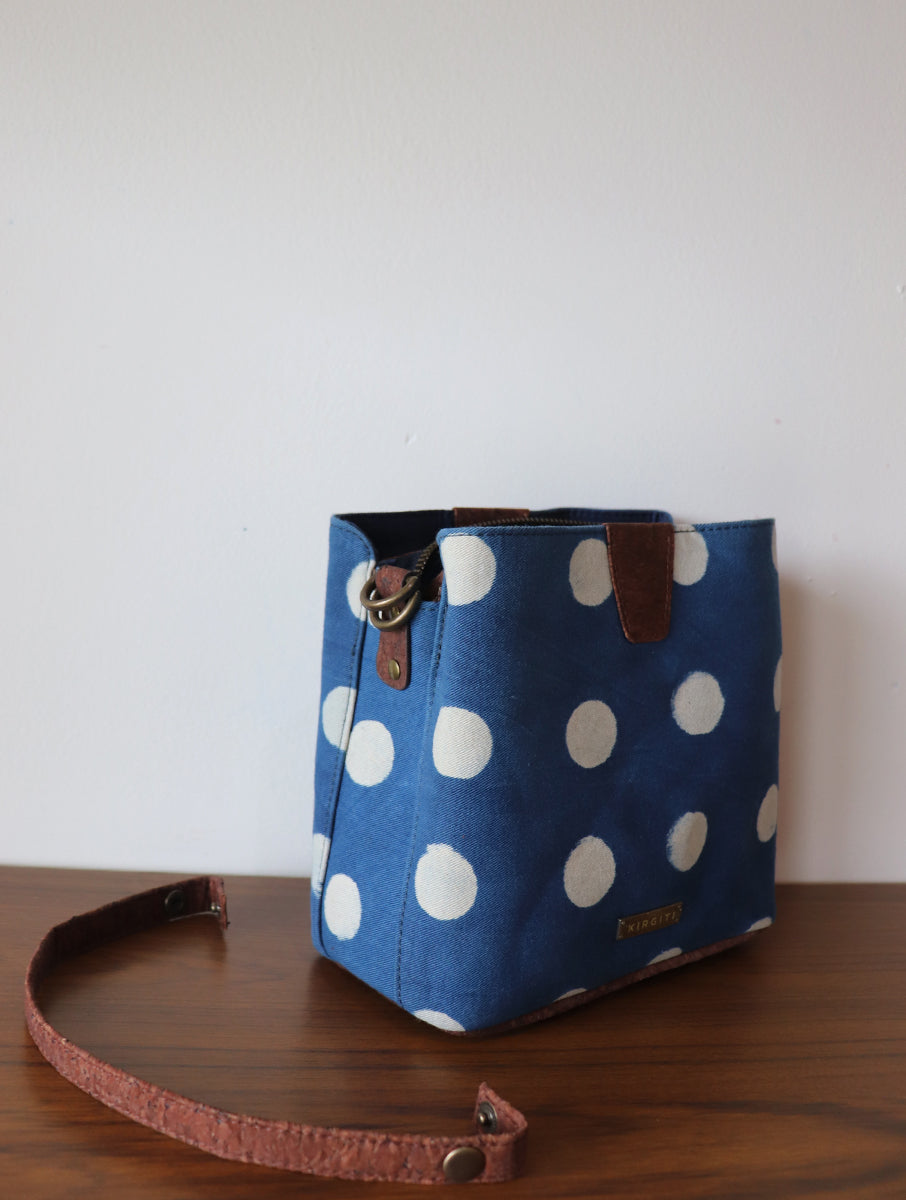 Indigo Polka Dabu Printed and Vegan Leather Cork Sling Bag with Handle