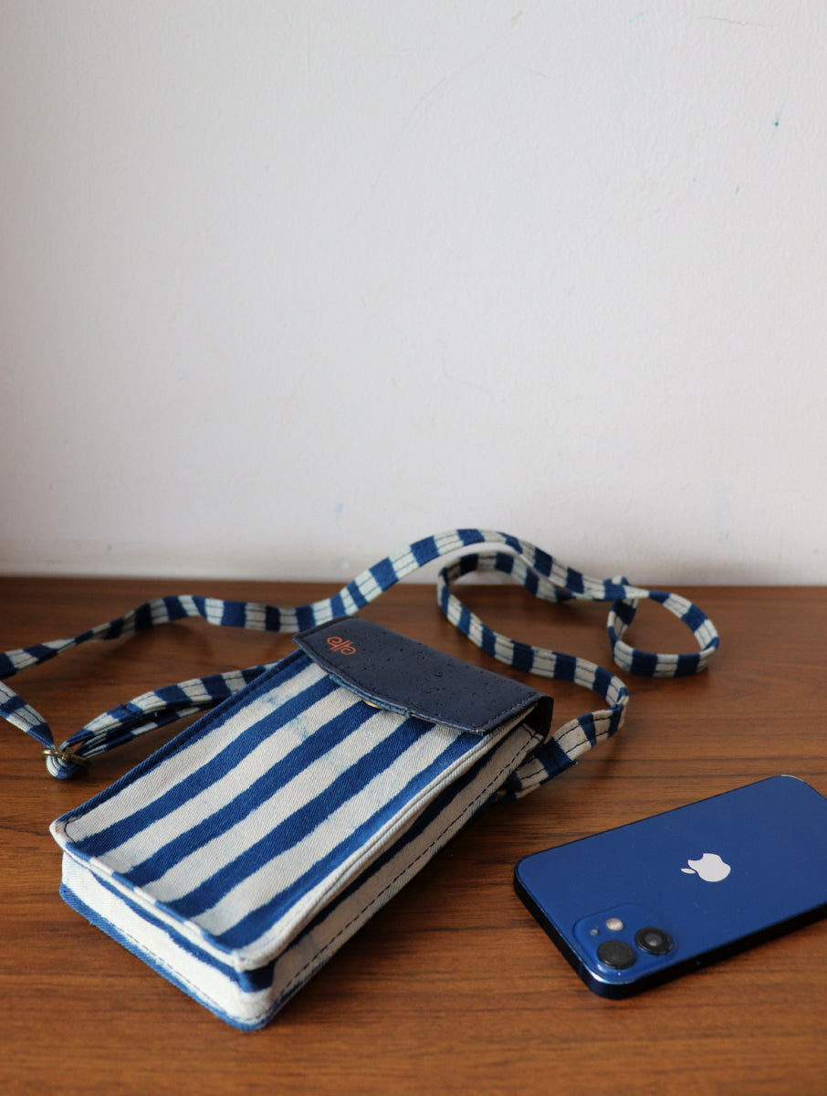 Indigo Striped Dabu Printed and Vegan Leather Cork Phone Sling Bag