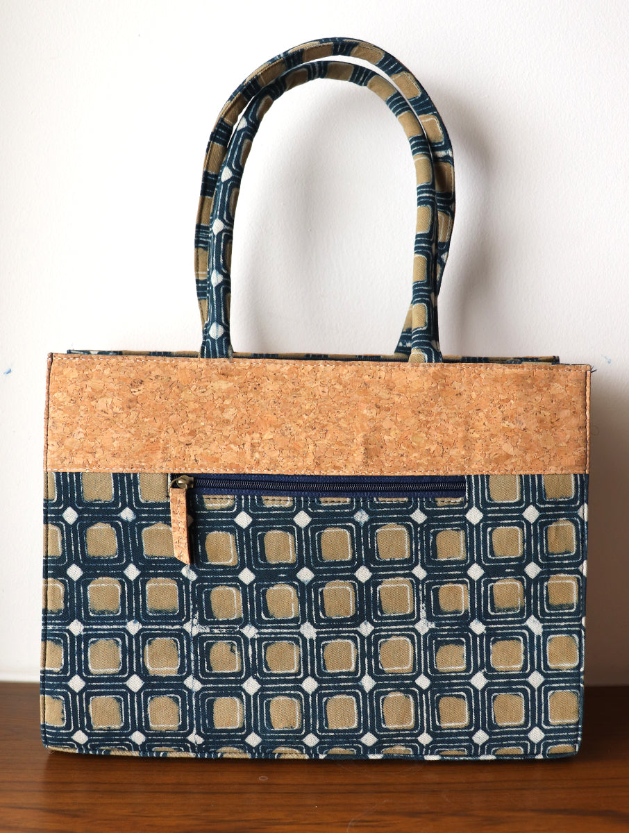 Multi Box Dabu Printed And Vegan Leather Cork Sling Cum Tote Bag