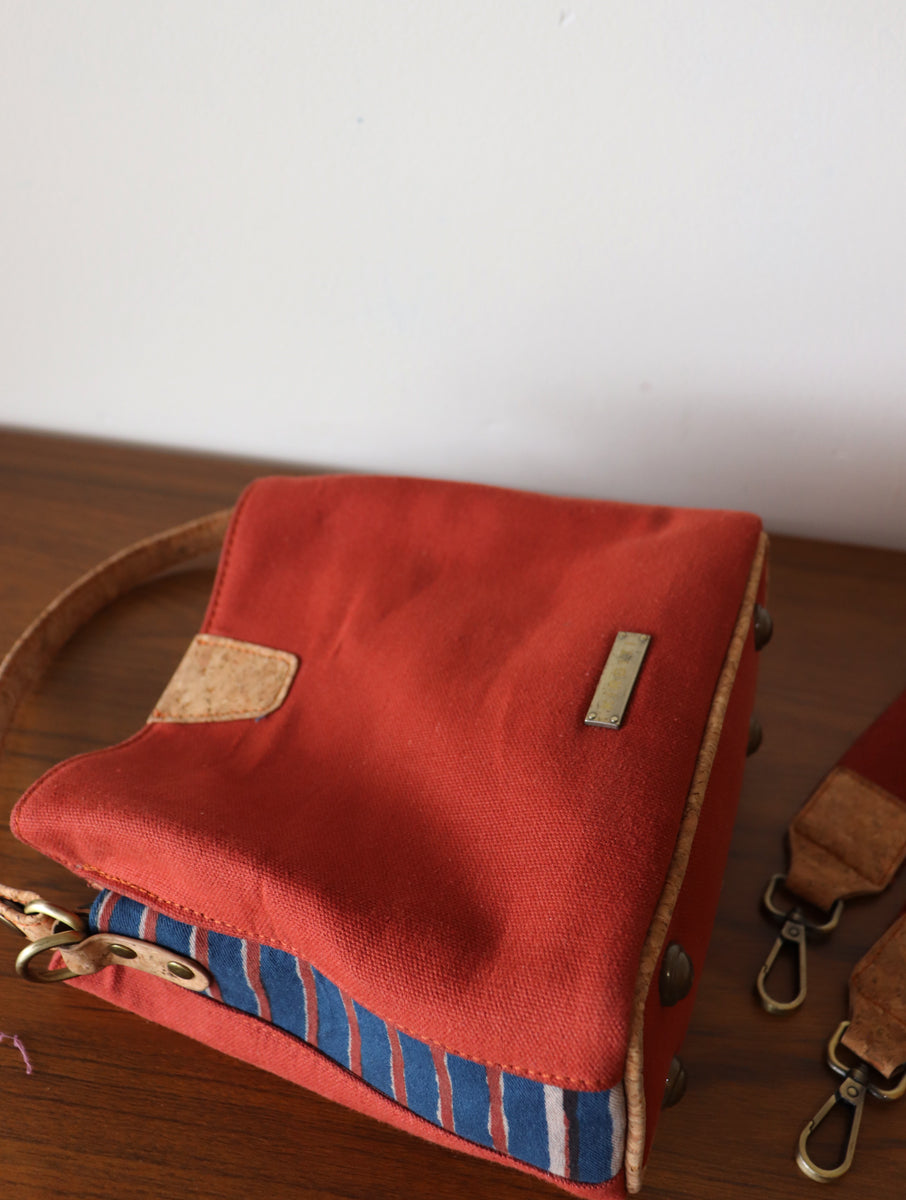 Orange Dabu Printed and Vegan Leather Cork Sling Bag cum Handle