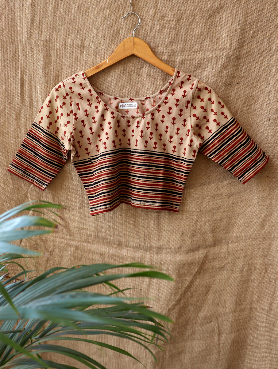 Beige Maroon Dabu Printed Stretchable Blouse/Crop Top