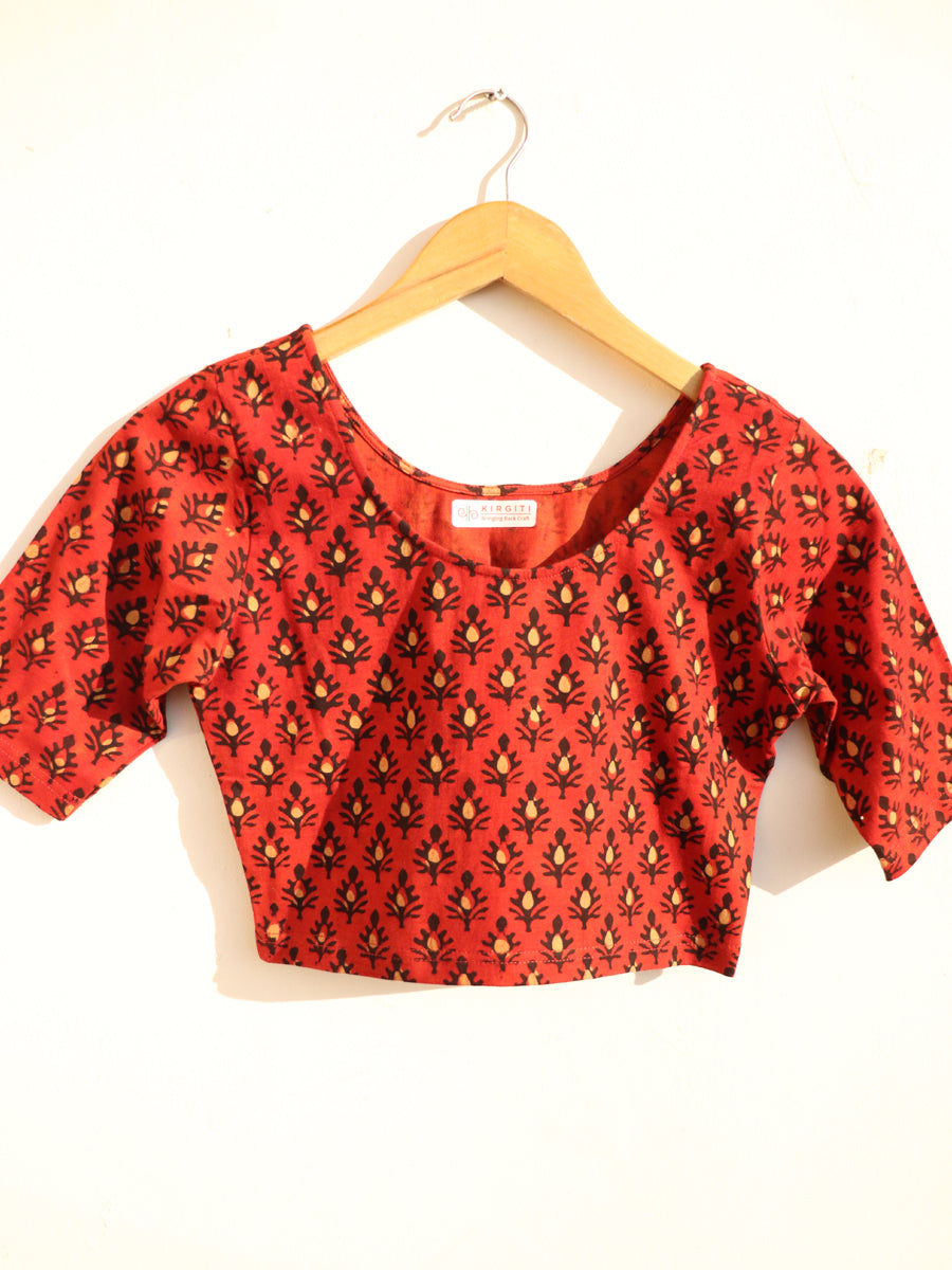 Brick Red Boota Dabu Printed Stretchable Blouse/Crop Top