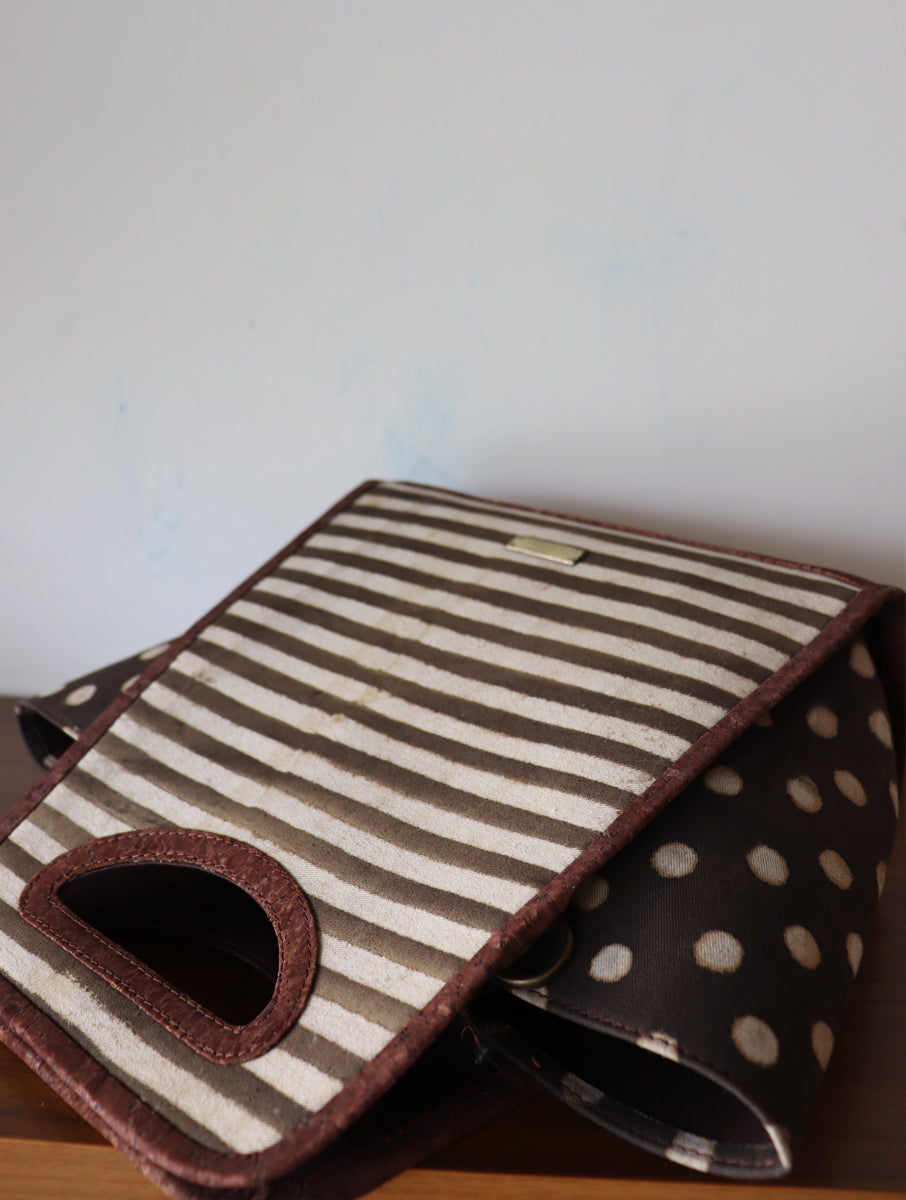 Brown Striped and Polka Dabu Printed and Vegan Leather Structured Hand Bags