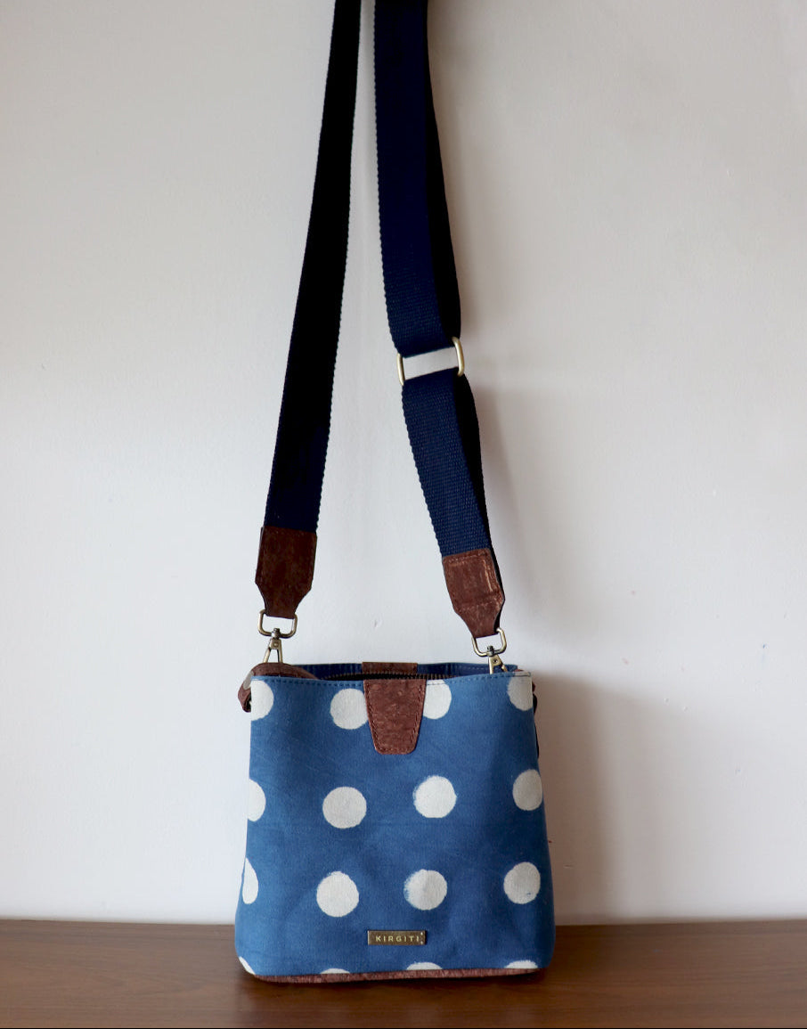 Indigo Polka Dabu Printed and Vegan Leather Cork Sling Bag with Handle