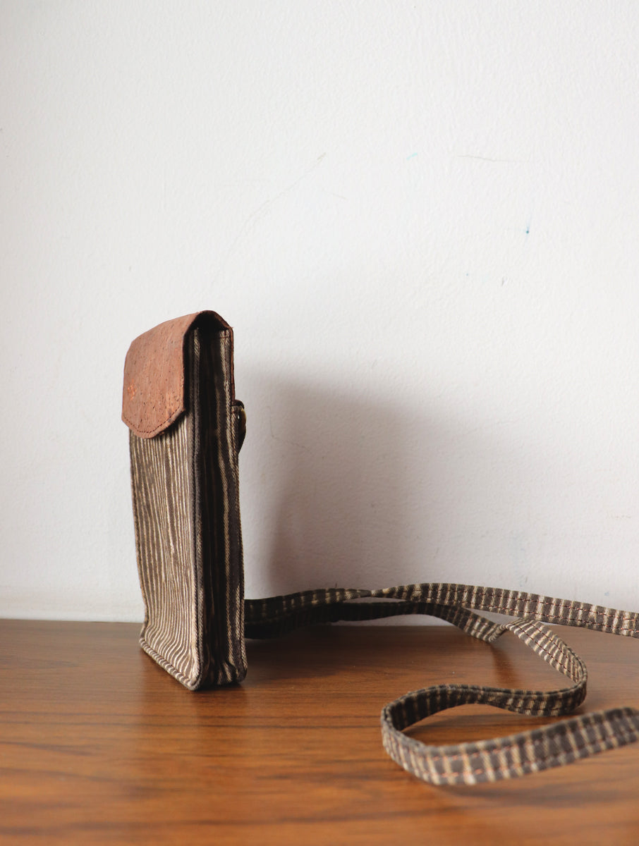 Brown Striped Dabu Printed and Vegan Leather Cork Phone Sling Bag