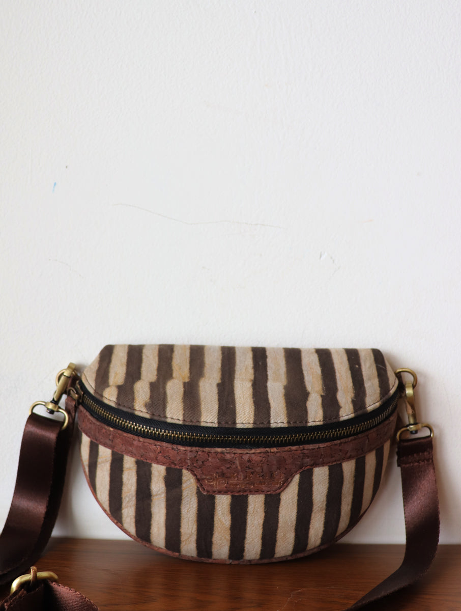 Brown Striped Dabu Printed And Vegan Leather Cross Body Cum Waist Bag