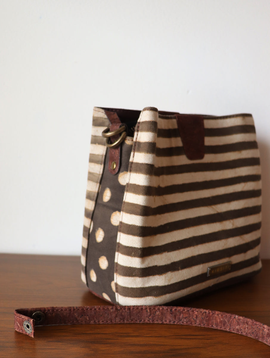 Brown Striped Dabu Printed and Vegan Leather Cork Sling Bag with Handle