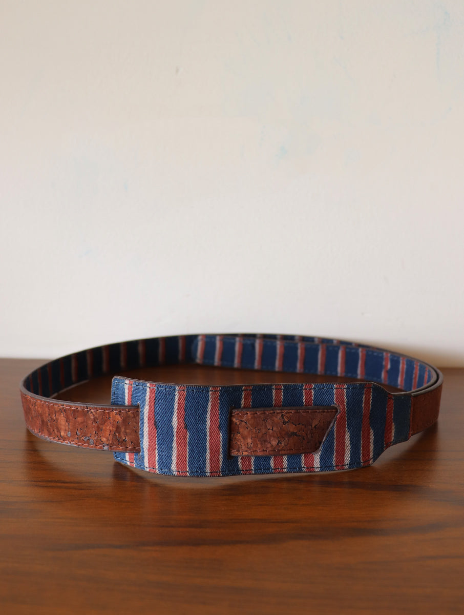 Indigo Rust Striped Dabu Printed and Vegan Leather Reversible Dress Belt