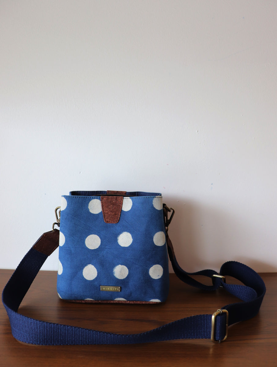 Indigo Polka Dabu Printed and Vegan Leather Cork Sling Bag with Handle