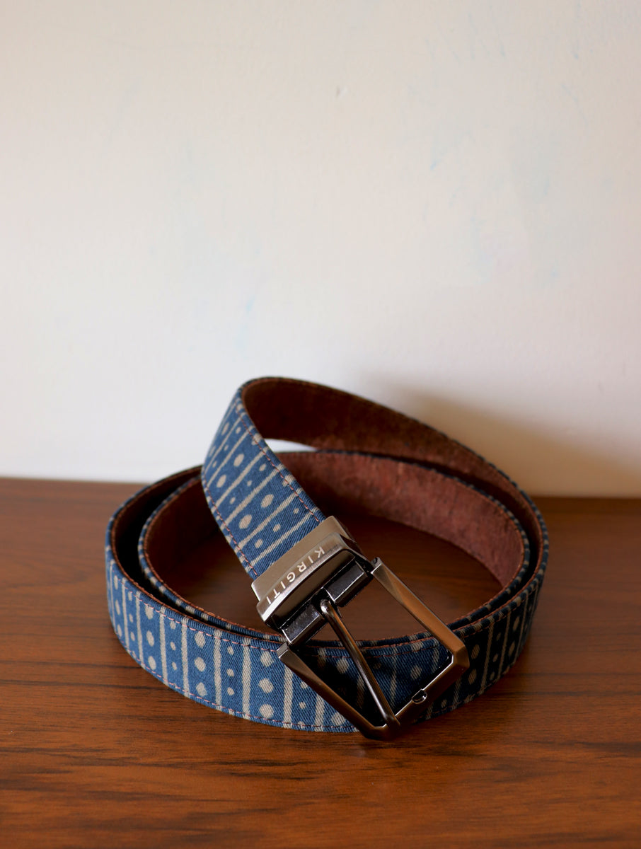 Rust Dabu Printed and Vegan Leather Cork Reversible Belt