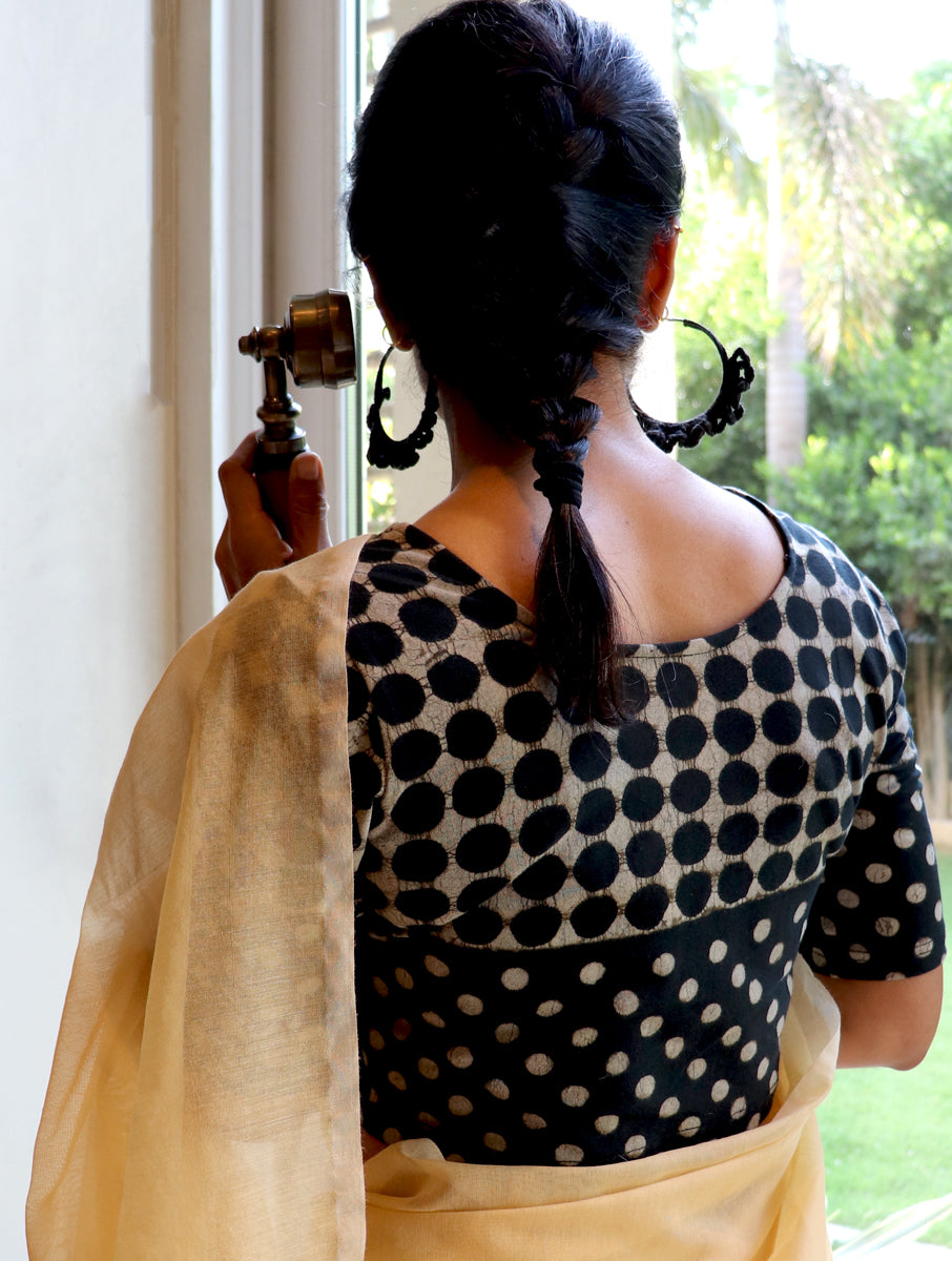 Black Polka Dotted Dabu Printed Stretchable Blouse/Crop Top