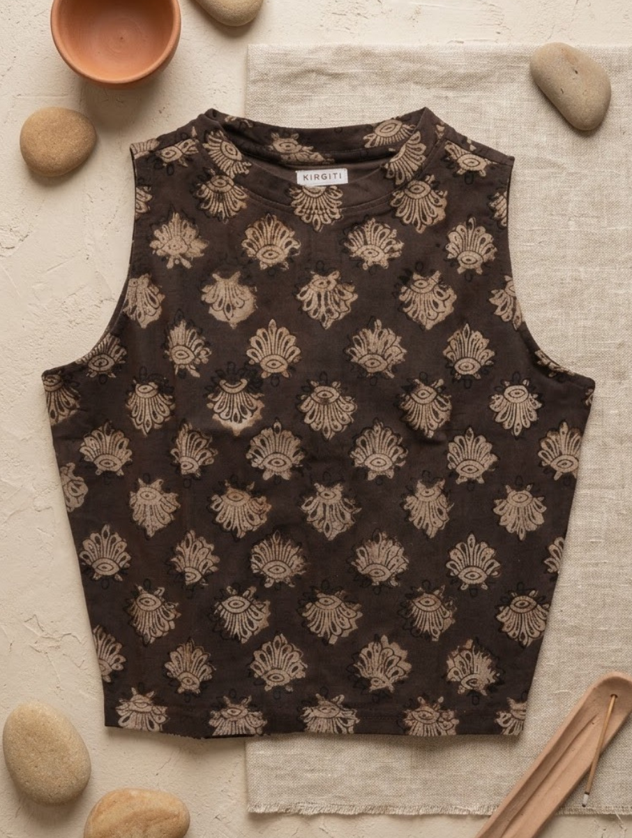 Brownish Boota Dabu Printed Highneck Stretchable Blouse/Crop Top
