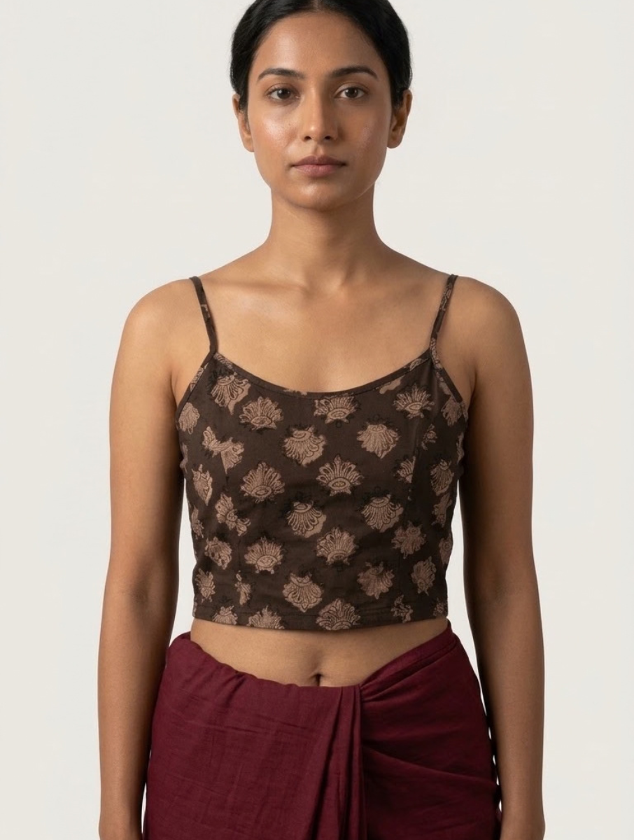 Brownish Boota Dabu Printed Stretchable Spaghetti Blouse/Crop Top