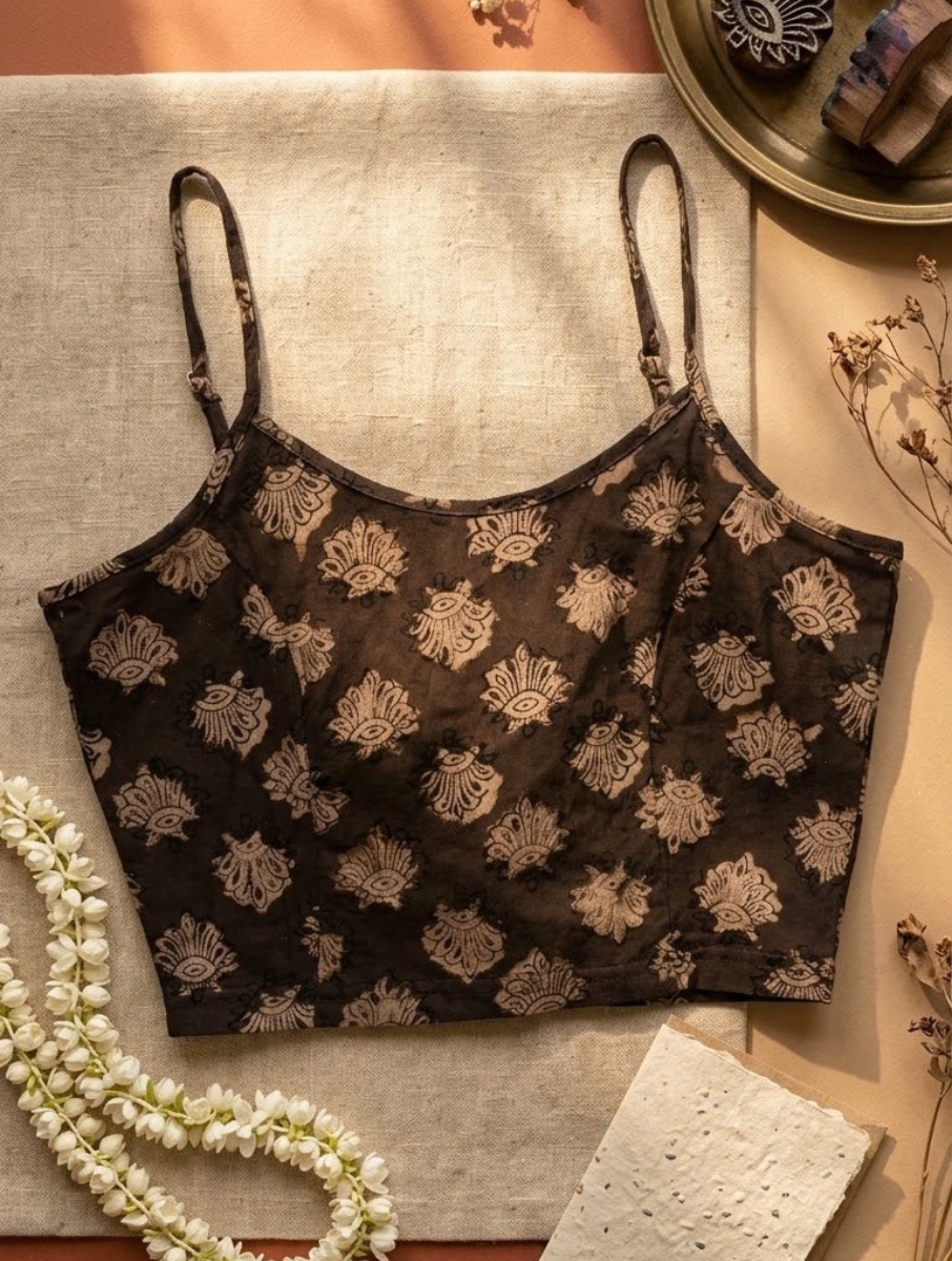 Brownish Boota Dabu Printed Stretchable Spaghetti Blouse/Crop Top
