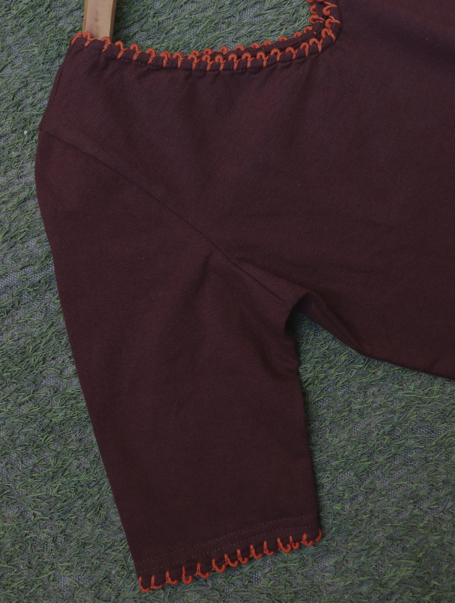 Hand Looped Scallop Edge Brown Hand Embroidered Stretchable Blouse/Crop Top