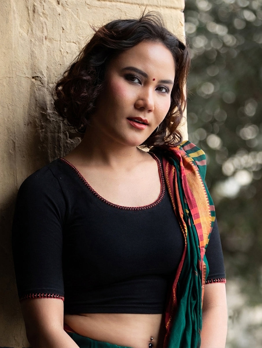 Black Hand Embroidered Stretchable Blouse/Crop Top