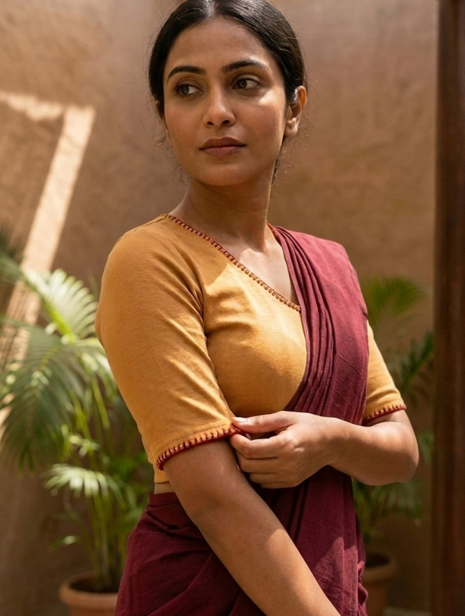 Blanket Stitch and Bead Work Beige Hand Embroidered Stretchable Blouse/Crop Top